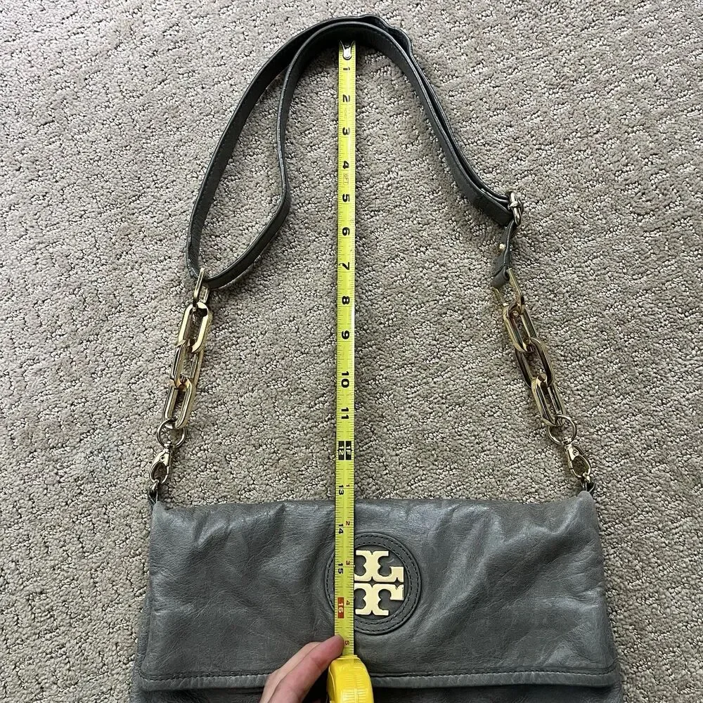 Tory Burch Convertible City Messenger Gray Leather Gold Chain Foldover Crossbody